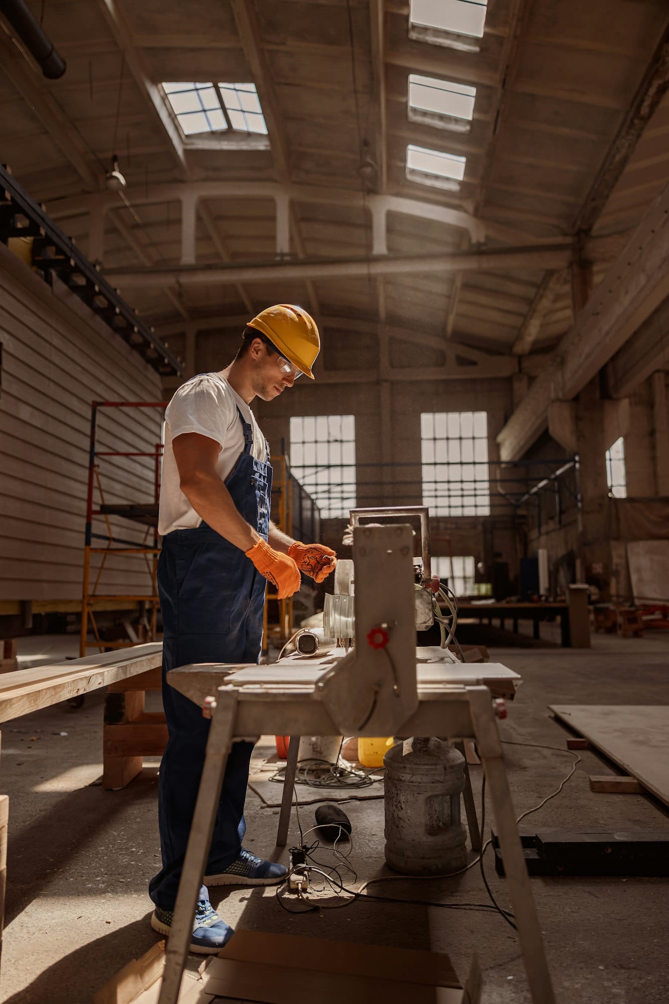 Handsome male worker using woodworking machine in workshop